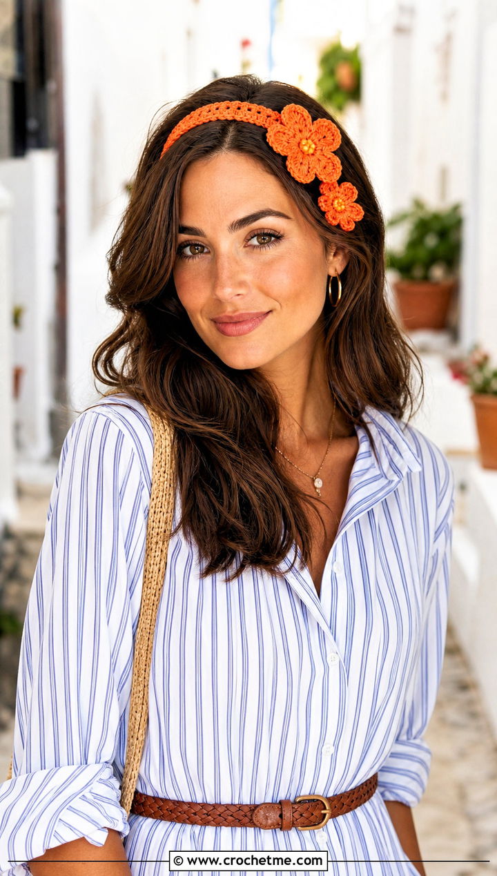 Flower Applique Crochet Headband With Shirt Dress - 25 crochet for headbands outfit ideas