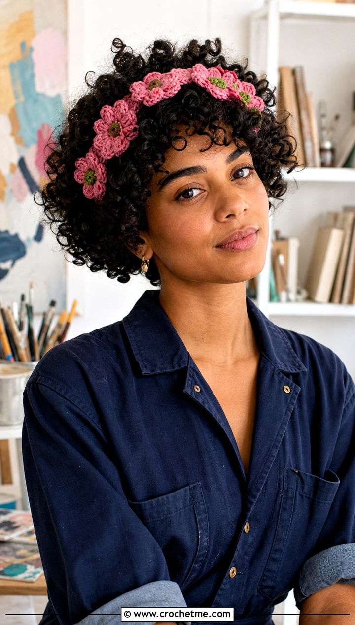 Flower Applique Crochet Headband With Utility Jumpsuit - 30 crochet headband curly hair outfit ideas