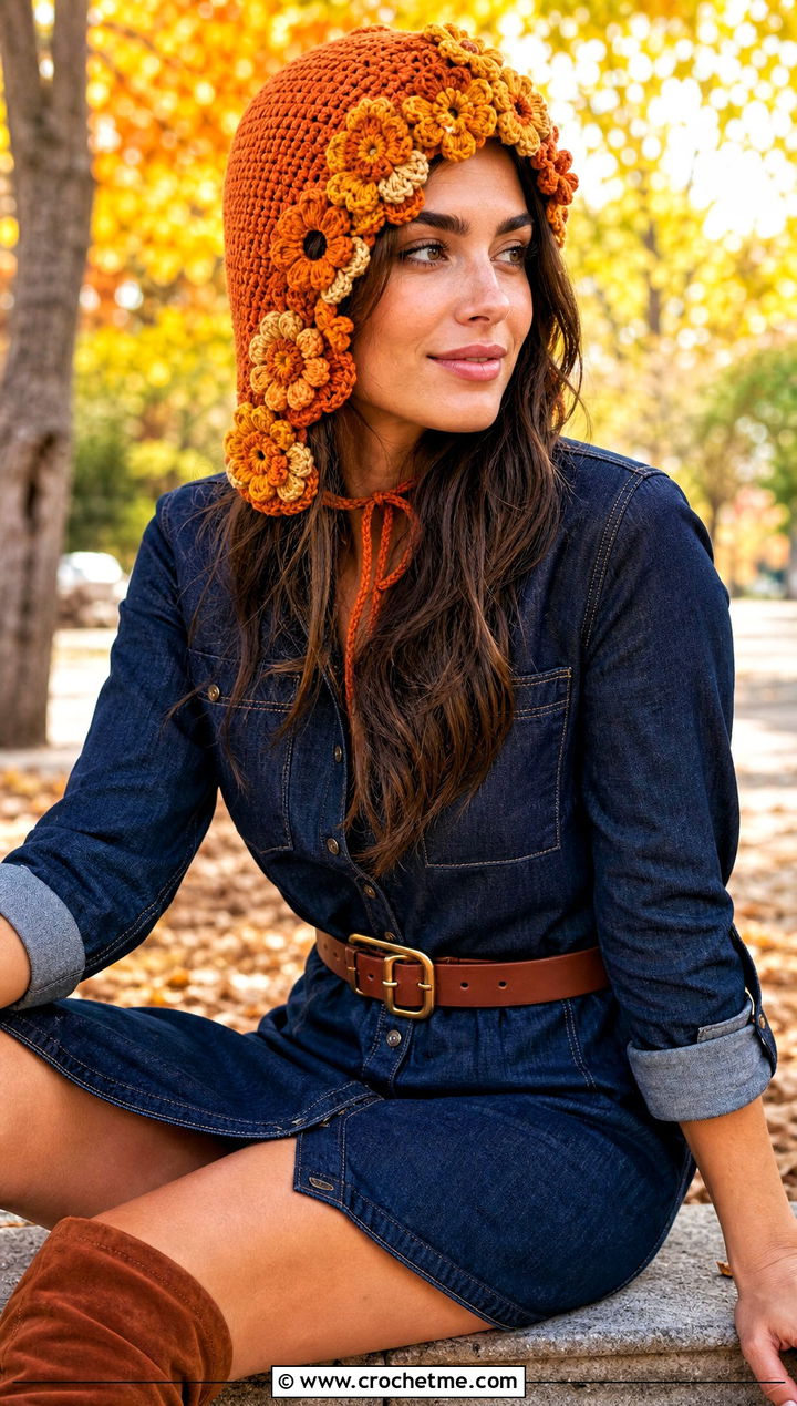 Flower Applique Crochet Hood Hat With Denim Dress - 25 crochet hood hat outfit ideas