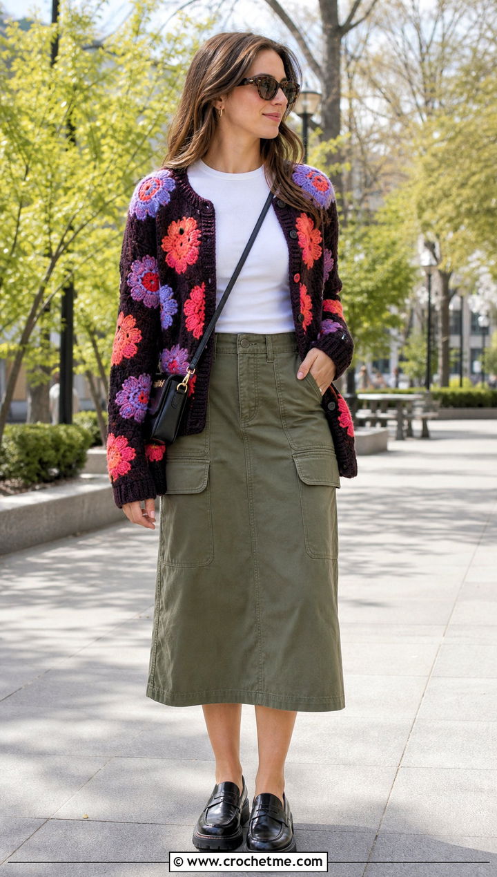 Flower Applique Crochet Long Sleeve Cardigan With Utility Skirt - 25 Crochet Long Sleeve Cardigan outfit ideas