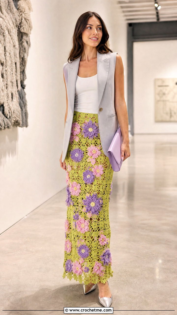 Flower Applique Crochet Maxi Skirt With Blazer Vest - 35 crochet maxi skirt outfit ideas