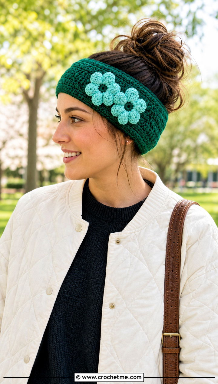 Flower Applique Crochet Messy Bun Ear Warmer With Quilted Jacket - 20 Crochet Messy Bun Ear Warmer outfit ideas