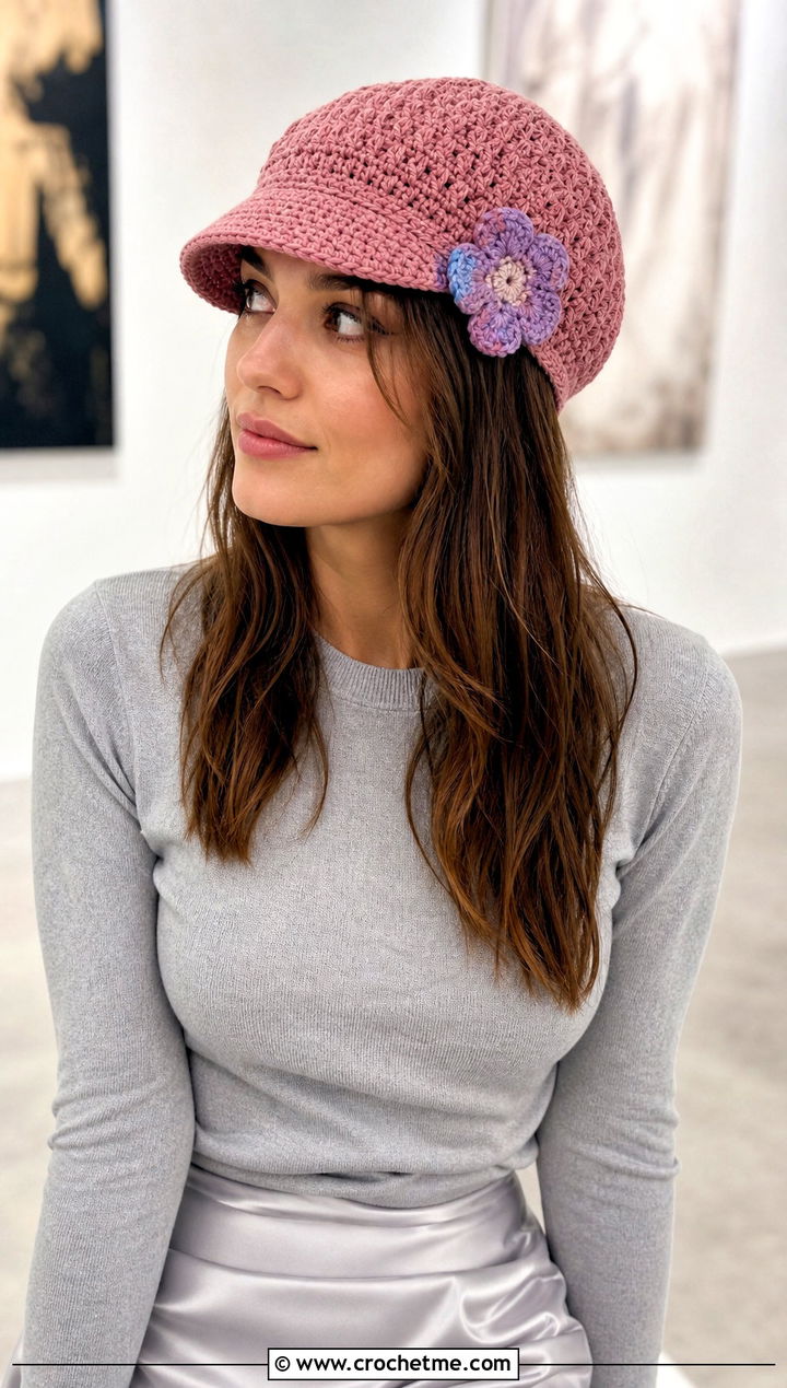 Flower Applique Crochet Newsboy Hat With Midi Skirt - 25 newsboy crochet hat outfit ideas