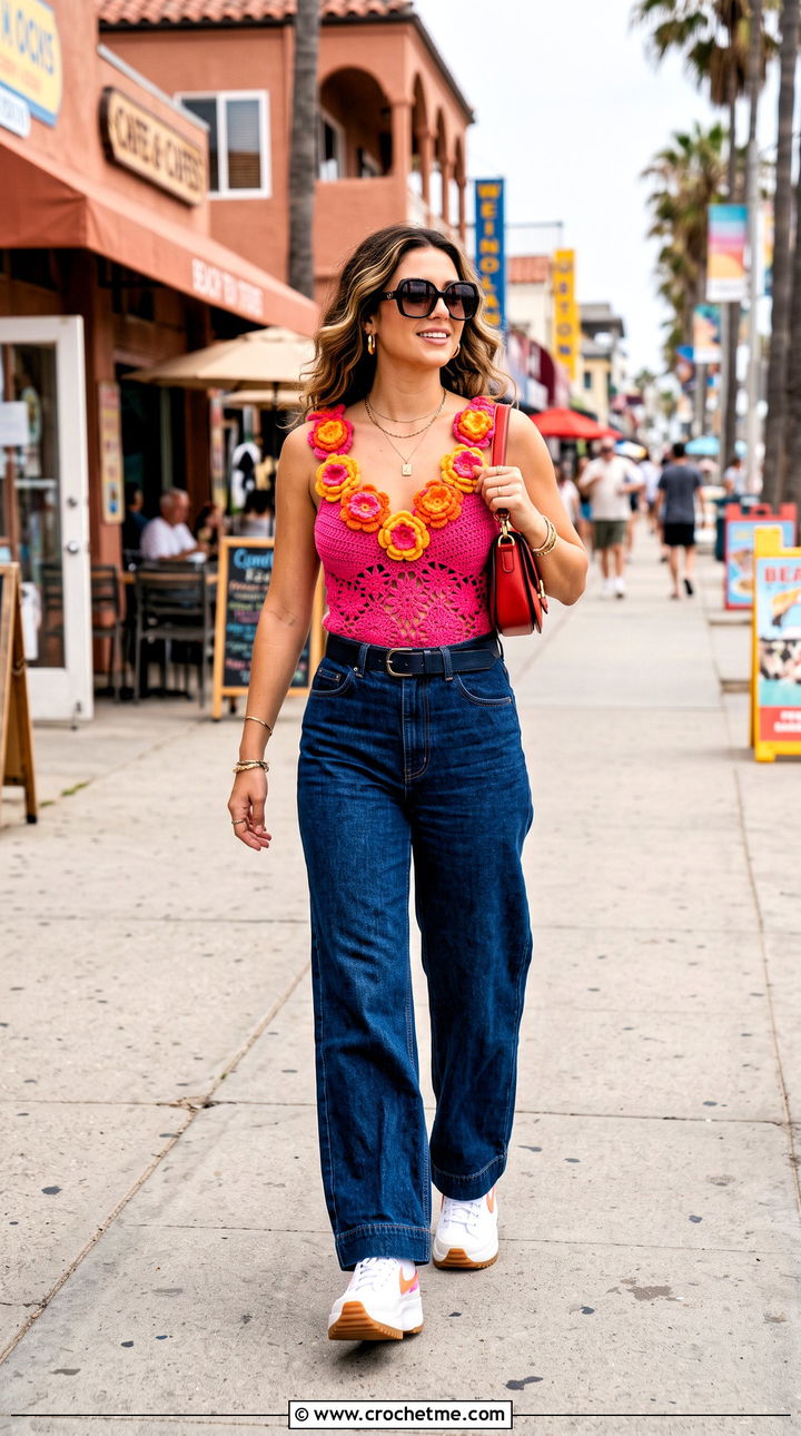 Flower Applique Crochet One Piece With Wide Leg Jeans - 25 crochet flower swimsuit outfit ideas