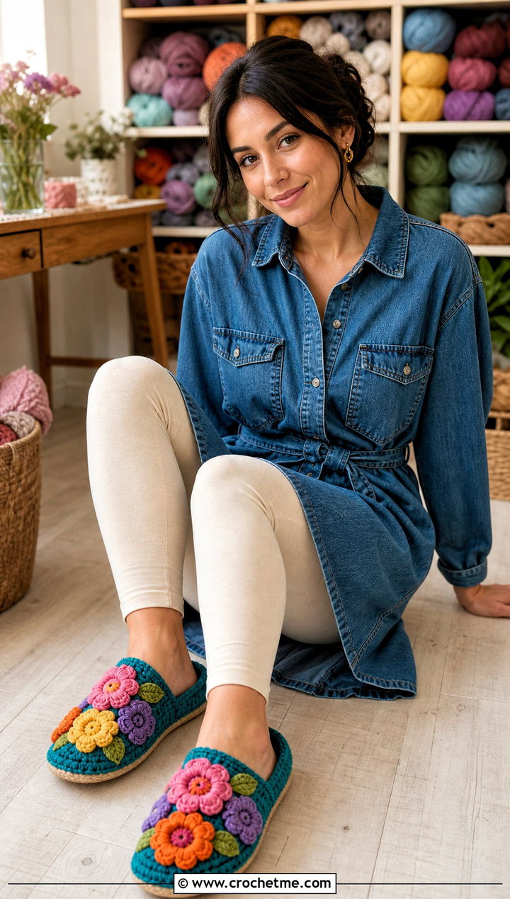Flower Applique Crochet Slippers With Denim Shirt Dress - 25 Cute Crochet Slippers outfit ideas