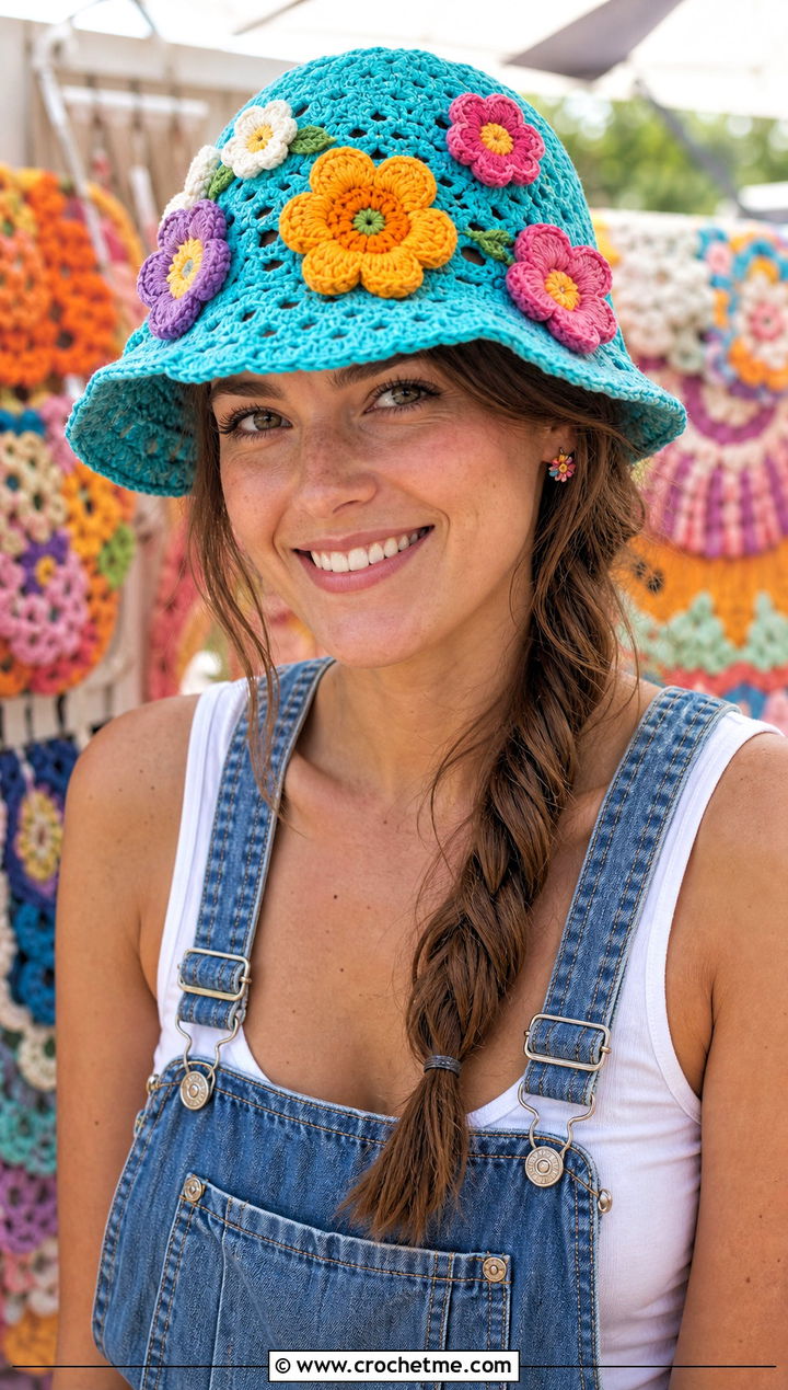 Flower Applique Crochet Sun Hat With Overalls - 25 Easy Crochet Sun Hat outfit ideas