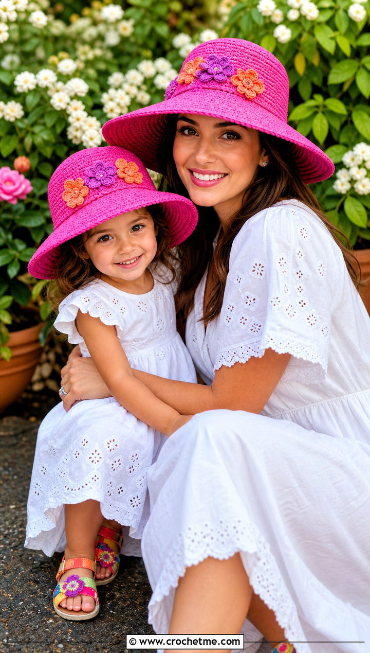 Flower Applique Crochet Sun Hats With White Outfits - 25 crochet mommy and me hats outfit ideas