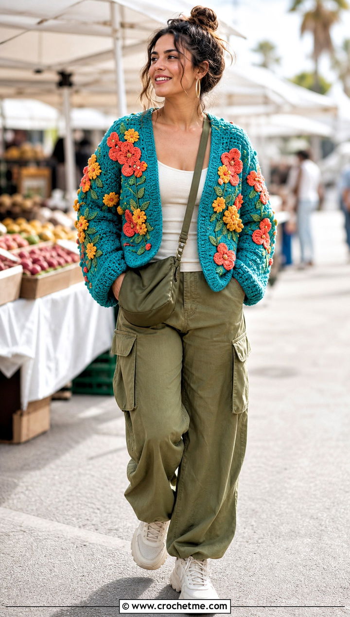 Flower Applique Crochet Sweater With Cargo Pants - 25 Funky Crochet Sweater outfit ideas