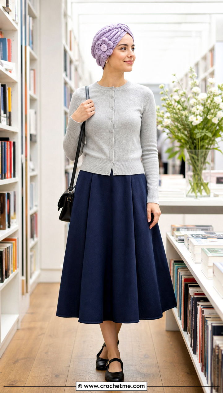 Flower Applique Crochet Turban With Cardigan And Midi Skirt - 35 crochet turban outfit ideas