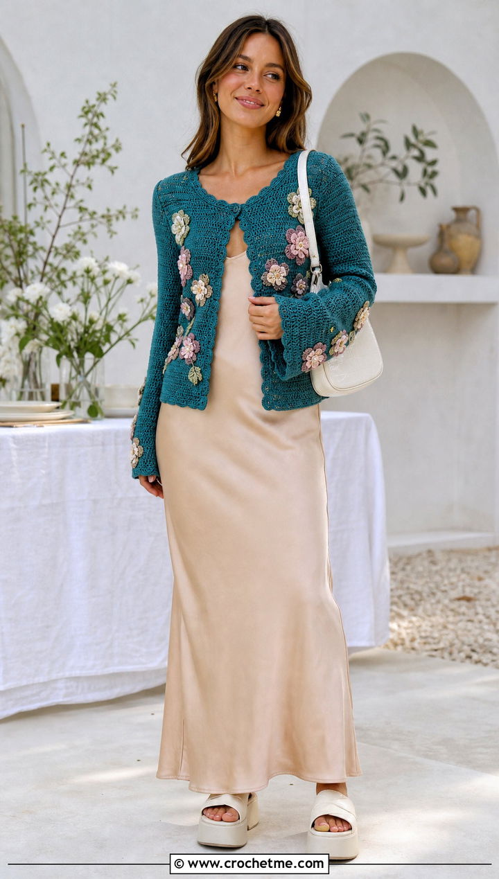Flower Applique Crochet Y K Cardigan With Slip Dress - 20 Crochet Y2K Cardigan outfit ideas