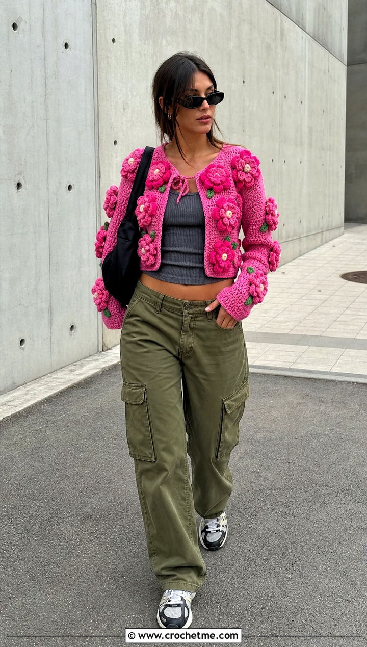 Flower Applique Cropped Cardigan With Cargo Pants - 25 crocheted cropped cardigan outfit ideas