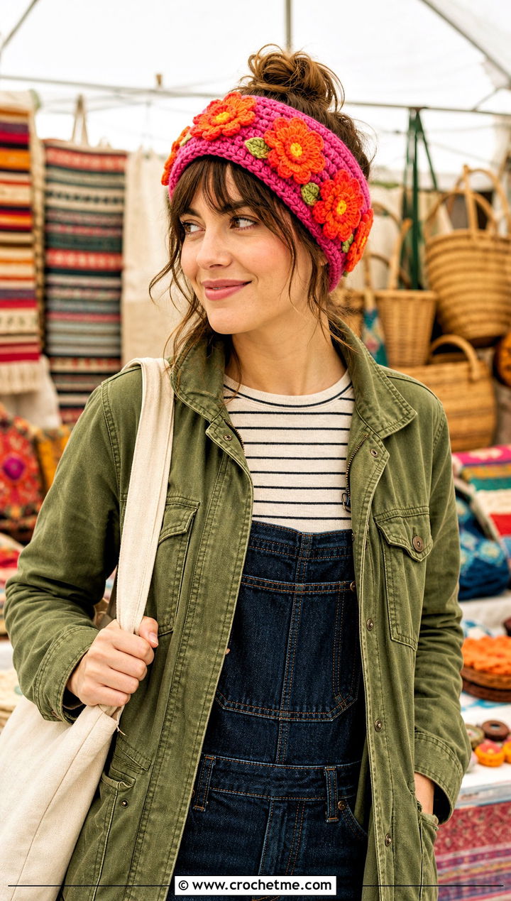 Flower Applique Crown Ear Warmer With Utility Jacket And Overalls - 25 crochet crown ear warmer outfit ideas