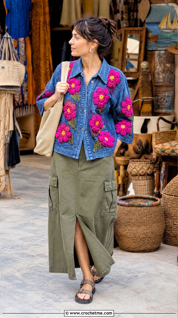 Flower Applique Denim Crochet Shirt With Utility Skirt - 35 Crochet Flower Shirt outfit ideas