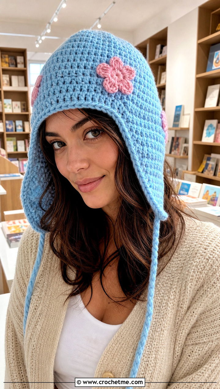 Flower Applique Ear Flap Beanie With Cardigan - 30 crochet ear flap beanie outfit ideas