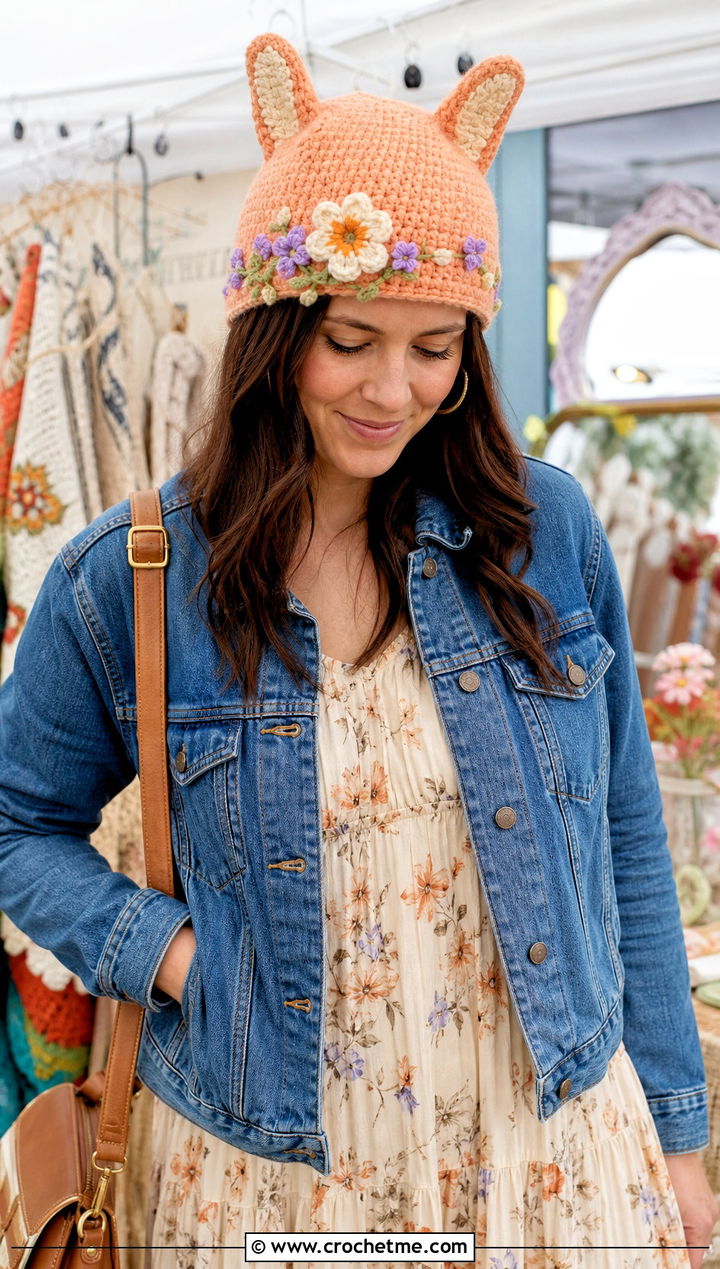 Flower Applique Finn Hat With Floral Midi Dress And Denim Jacket - 30 crochet adventure time finn hat outfit ideas