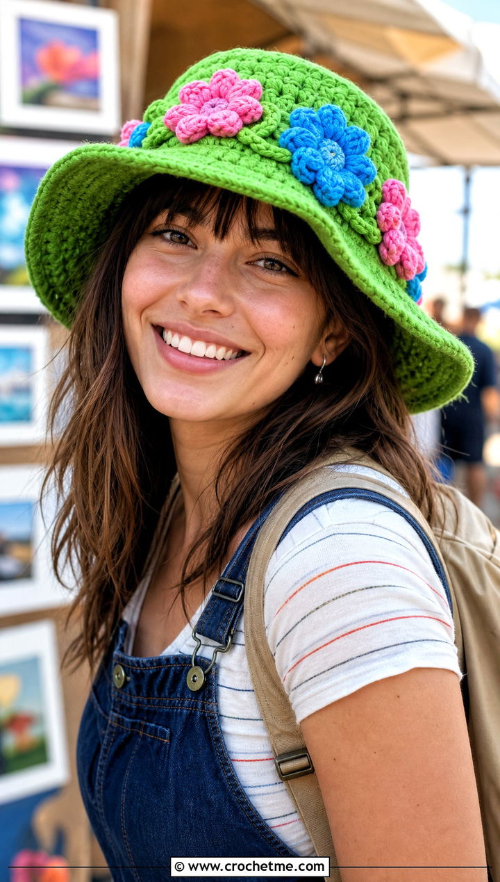Flower Applique Floppy Crochet Hat With Overalls - 25 floppy crochet hat outfit ideas