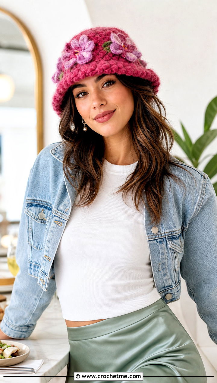 Flower Applique Fuzzy Crochet Bucket Hat With Slip Skirt - 25 fuzzy crochet bucket hat outfit ideas