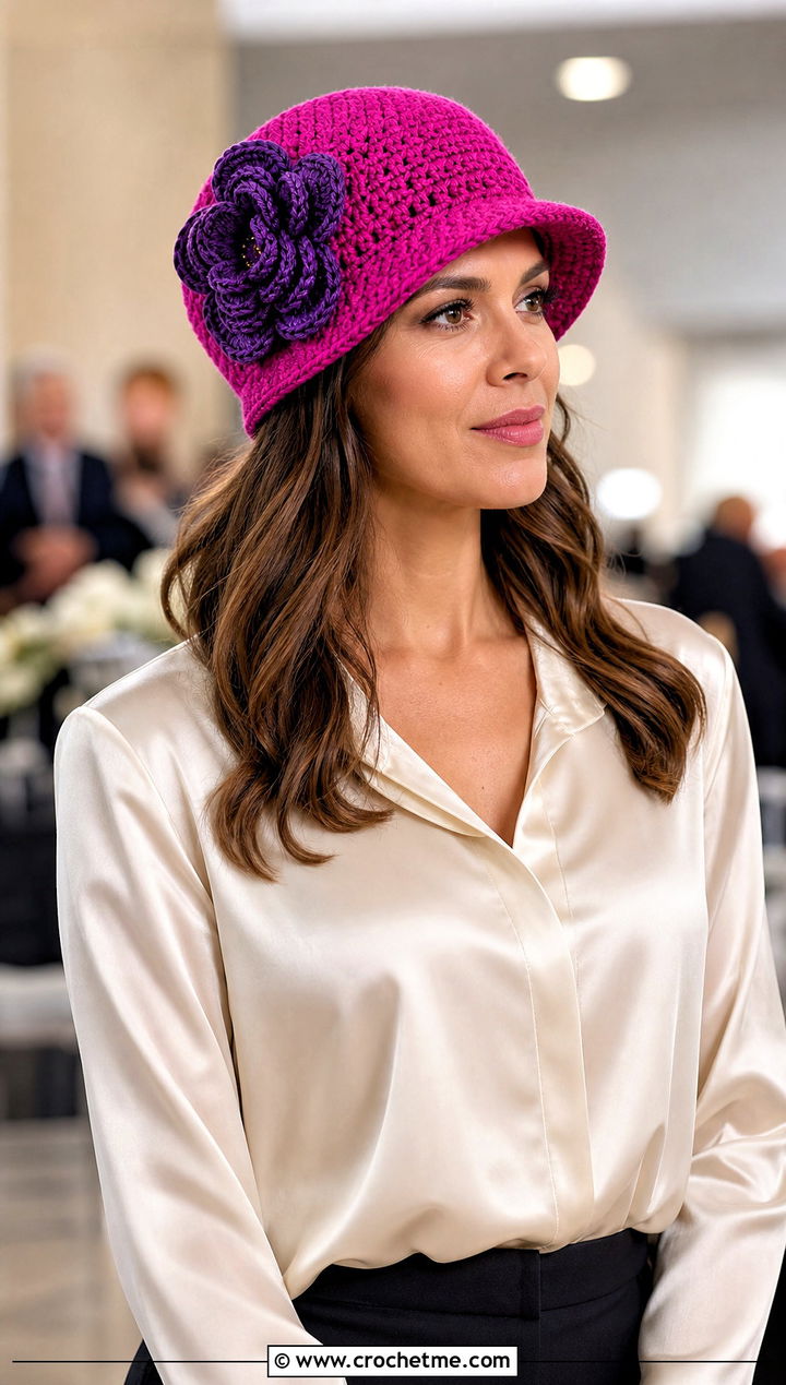 Flower Applique Gatsby Crochet Hat With Satin Blouse And Trousers - 15 Gatsby Crochet Hat outfit ideas