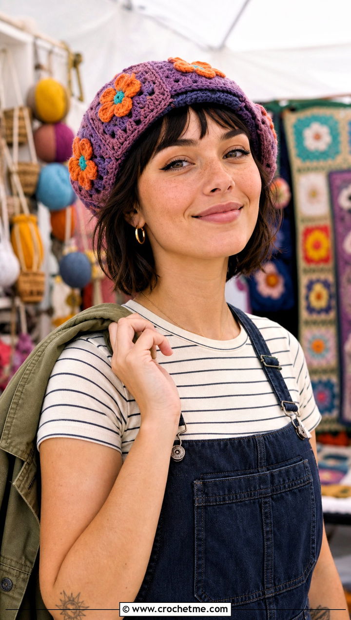 Flower Applique Granny Square Beret With Overalls - 25 Granny Square Beret outfit ideas