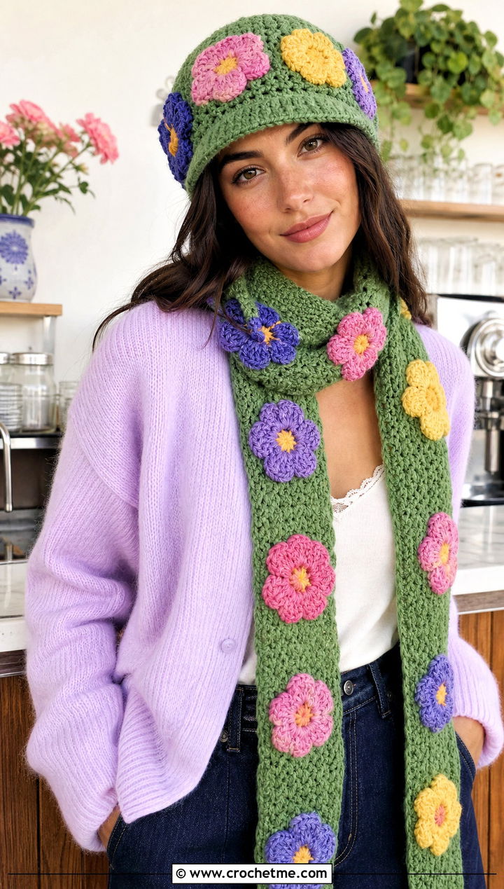 Flower Applique Hat And Scarf Set With Cardigan And Jeans - 25 Crochet Scarf And Hat Set outfit ideas