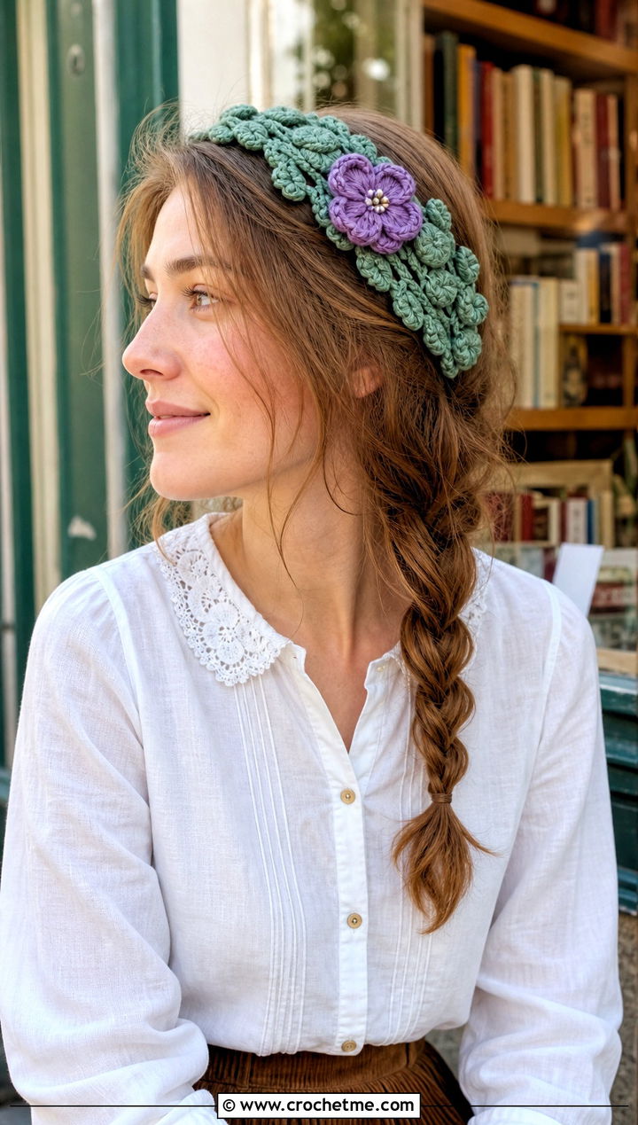 Flower Applique Headband With Cottage Outfit - 25 Easy Crocheted Headbands Ear Warmers outfit ideas