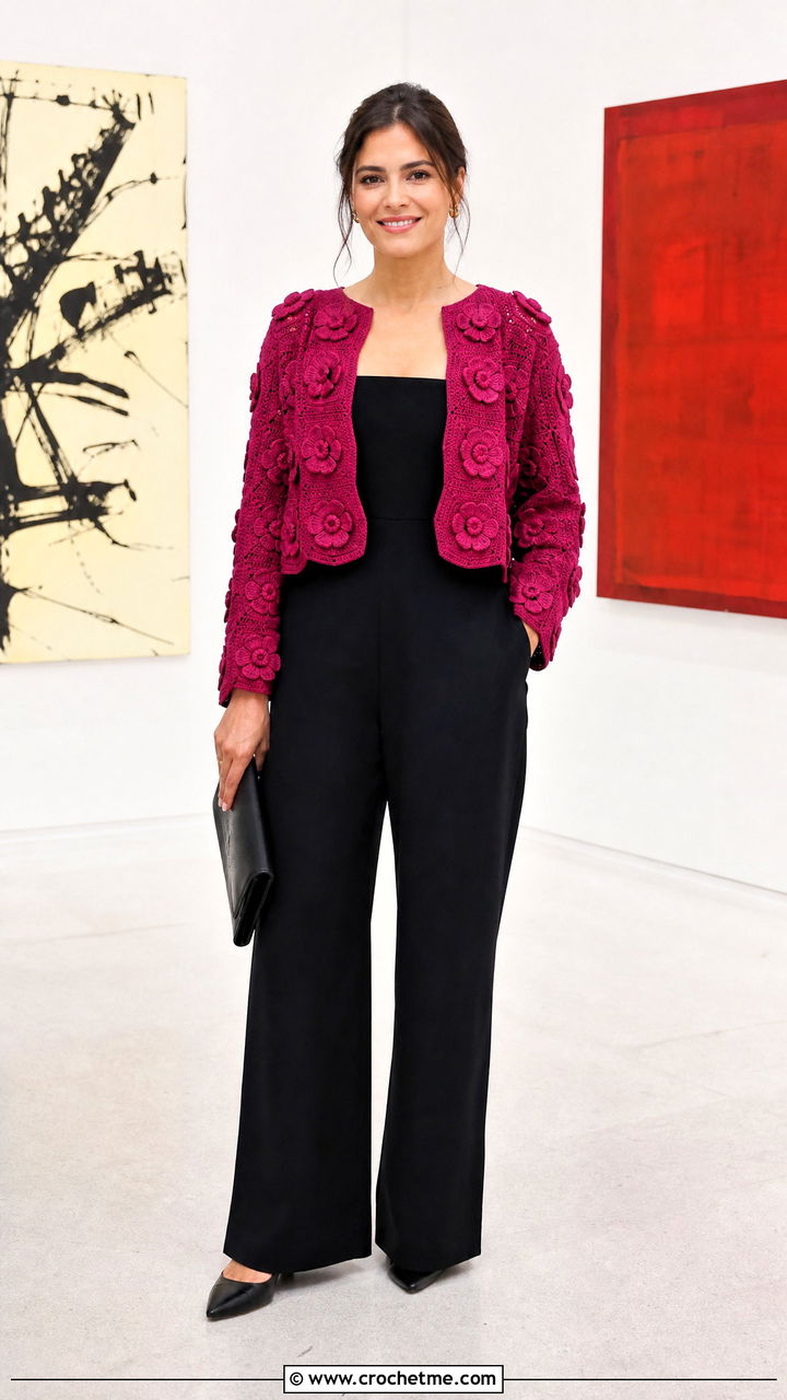 Flower Applique Hexi Cardi With Minimal Jumpsuit - 35 crochet hexi cardi outfit ideas
