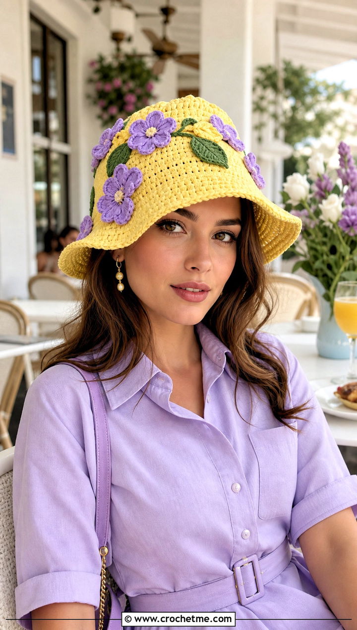Flower Applique Lemon Crochet Bucket Hat With Shirt Dress - 25 Lemon Crochet Bucket Hat outfit ideas