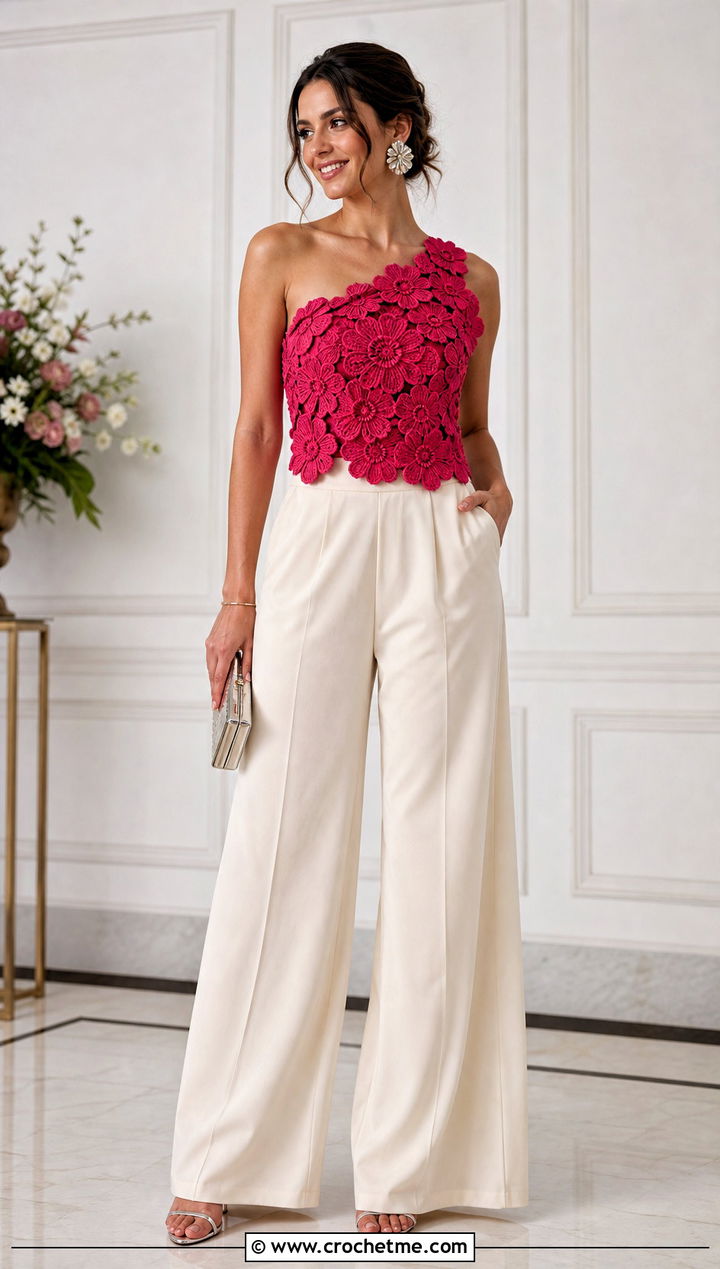Flower Applique One Shoulder Top With Palazzo Pants - 25 crochet floral lace top outfit ideas