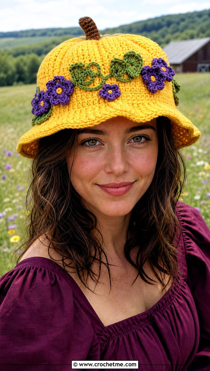 Flower Applique Pumpkin Bucket Hat With Prairie Dress - 30 crochet pumpkin bucket hat outfit ideas
