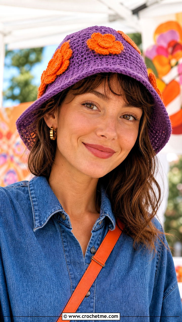 Flower Applique Purple Crochet Bucket Hat With Denim Dress - 30 purple crochet bucket hat outfit ideas