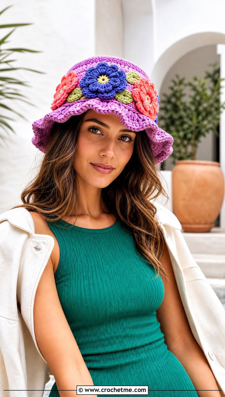 Flower Applique Ruffle Bucket Hat With Knit Dress - 25 Crochet Bucket Hat With Ruffles outfit ideas