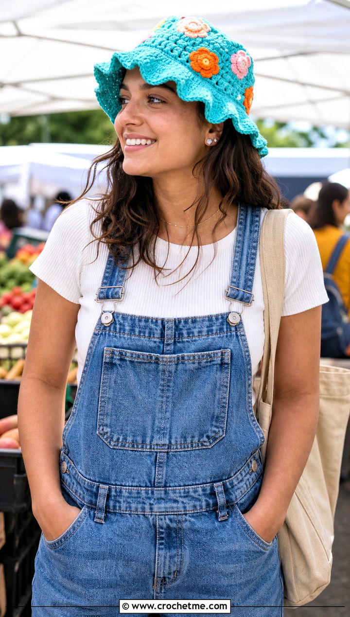 Flower Applique Ruffle Bucket Hat With Overalls - 25 Frilly Crochet Bucket Hat outfit ideas