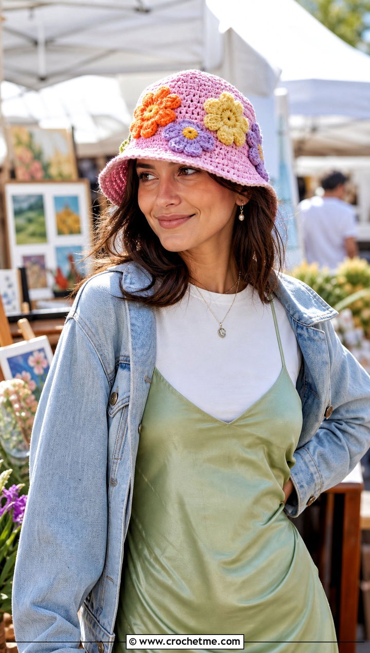 Flower Applique Scrap Happy Crochet Bucket Hat With Slip Dress And Sneakers - 15 Scrap Happy Crochet Bucket Hat outfit ideas