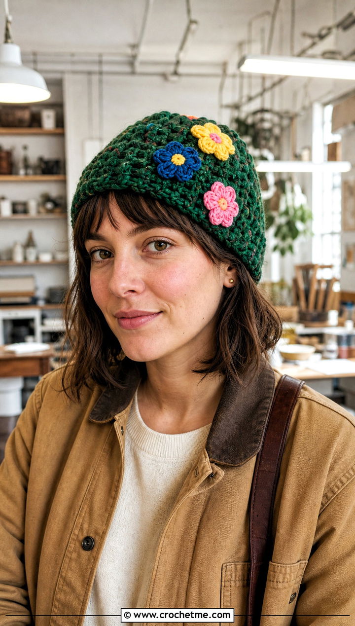 Flower Applique Scrap Yarn Crochet Beanie With Workwear Jacket - 30 scrap yarn crochet beanie outfit ideas
