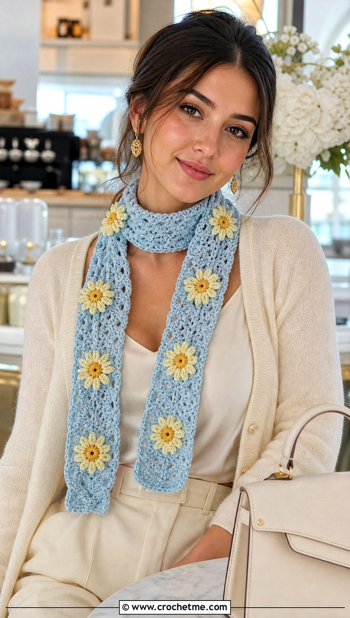 Flower Applique Skinny Crochet Scarf With Cardigan - 15 Funny Crochet Scarf outfit ideas