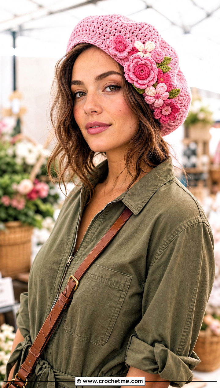 Flower Applique Slouchy Crochet Beret With Utility Jumpsuit - 25 Slouchy Crochet Beret outfit ideas