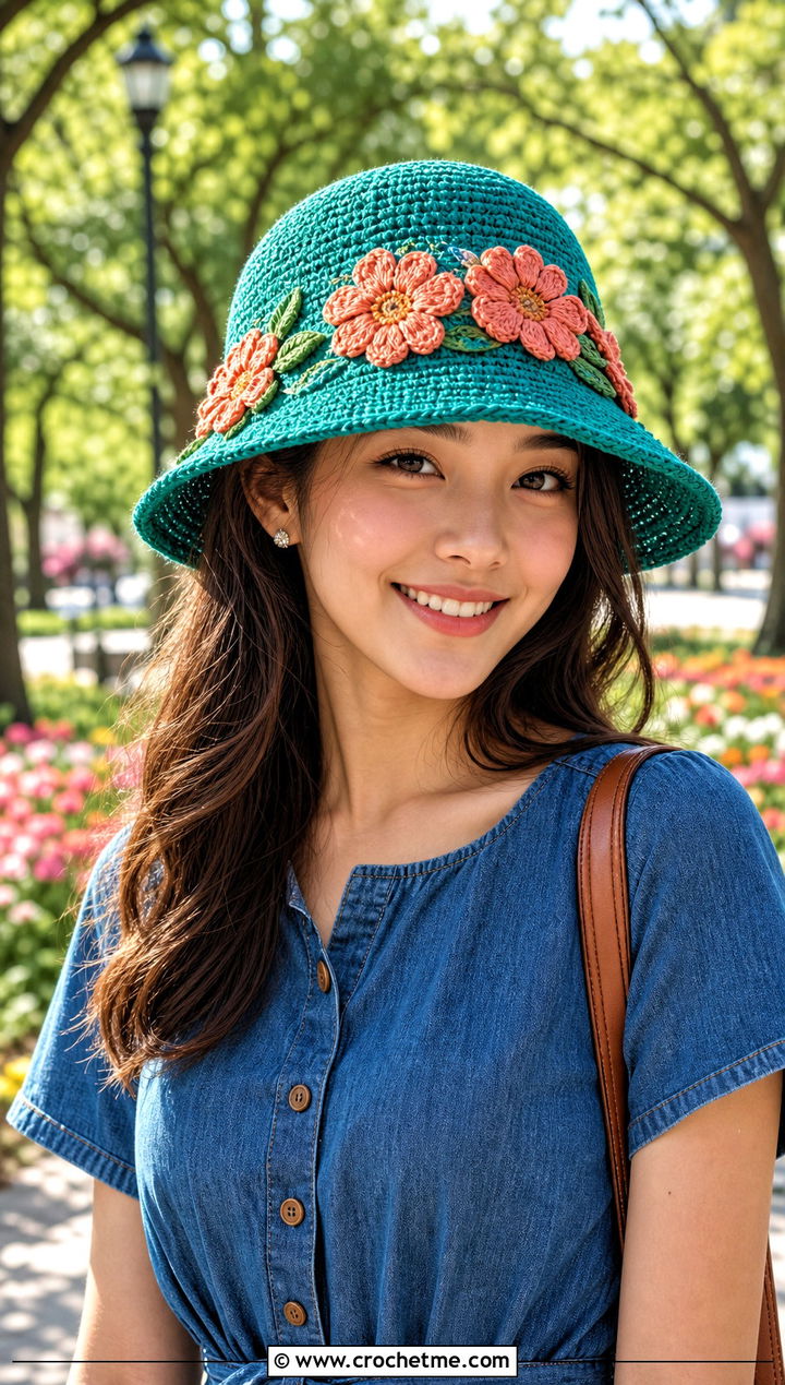 Flower Applique Straw Crochet Bucket Hat With Denim Dress - 20 Straw Crochet Bucket Hat outfit ideas