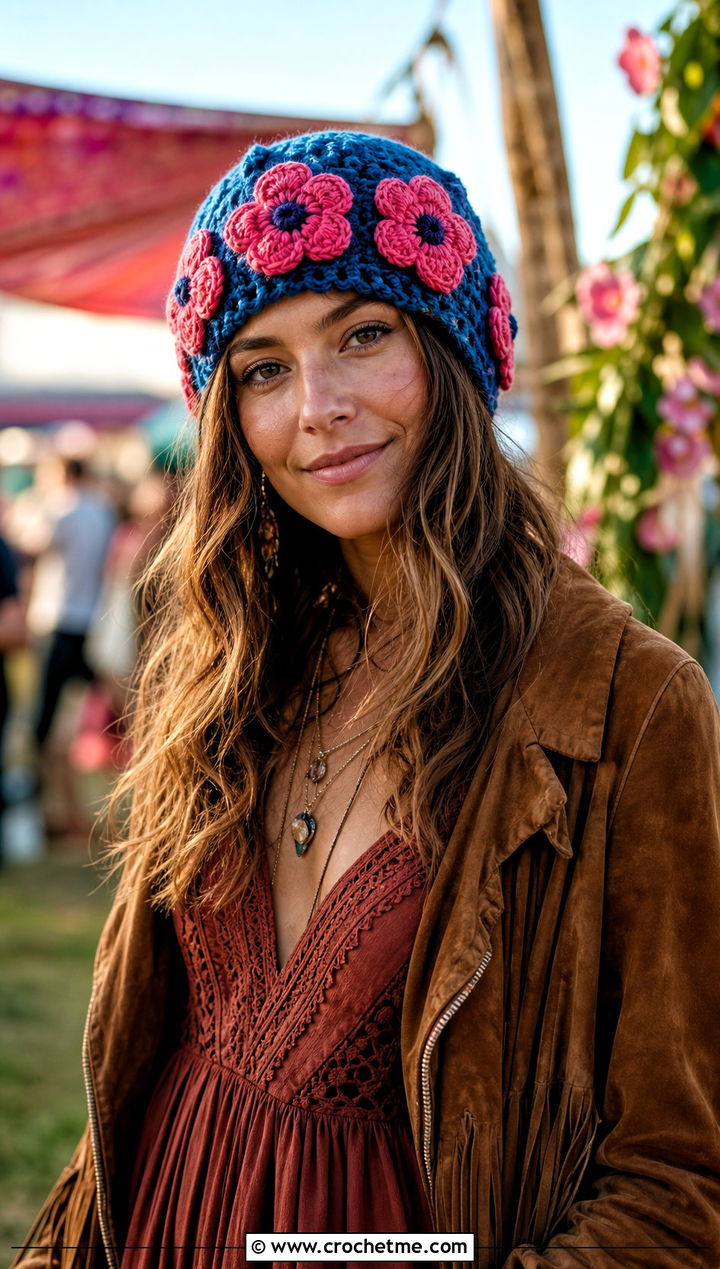 Flower Applique Two Color Crochet Beanie With Boho Maxi Dress - 30 2 color crochet beanie hat outfit ideas