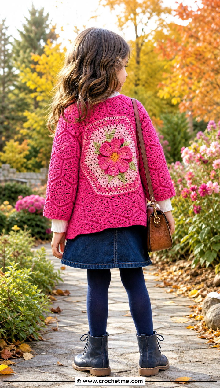 Flower Back Childs Hexagon Cardigan With Denim Skirt - 15 Crochet Childs Hexagon Cardigan outfit ideas