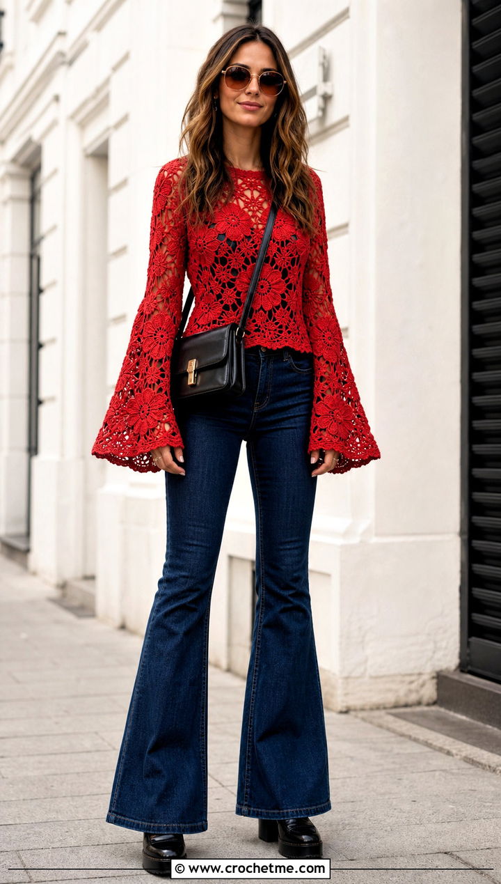 Flower Bell Sleeve Sweater With Flared Jeans - 30 flower crochet sweater outfit ideas