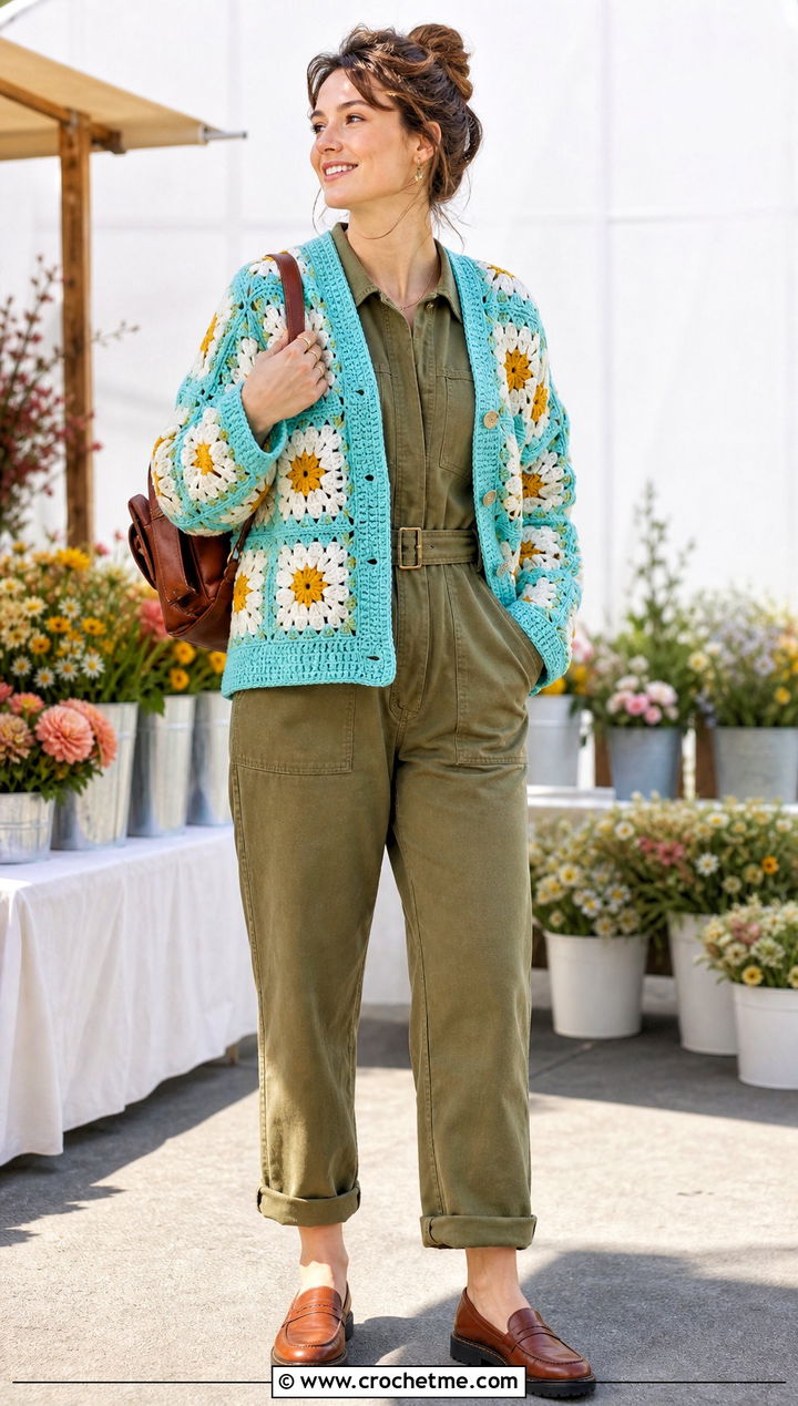 Flower Block Cardigan With Utility Jumpsuit - 25 crochet block cardigan outfit ideas