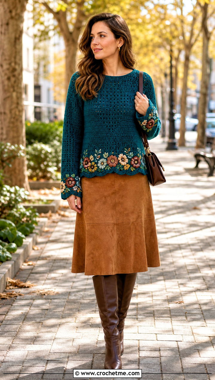 Flower Border Crochet Sweater With Suede Midi Skirt - 35 crochet sweater with flowers outfit ideas