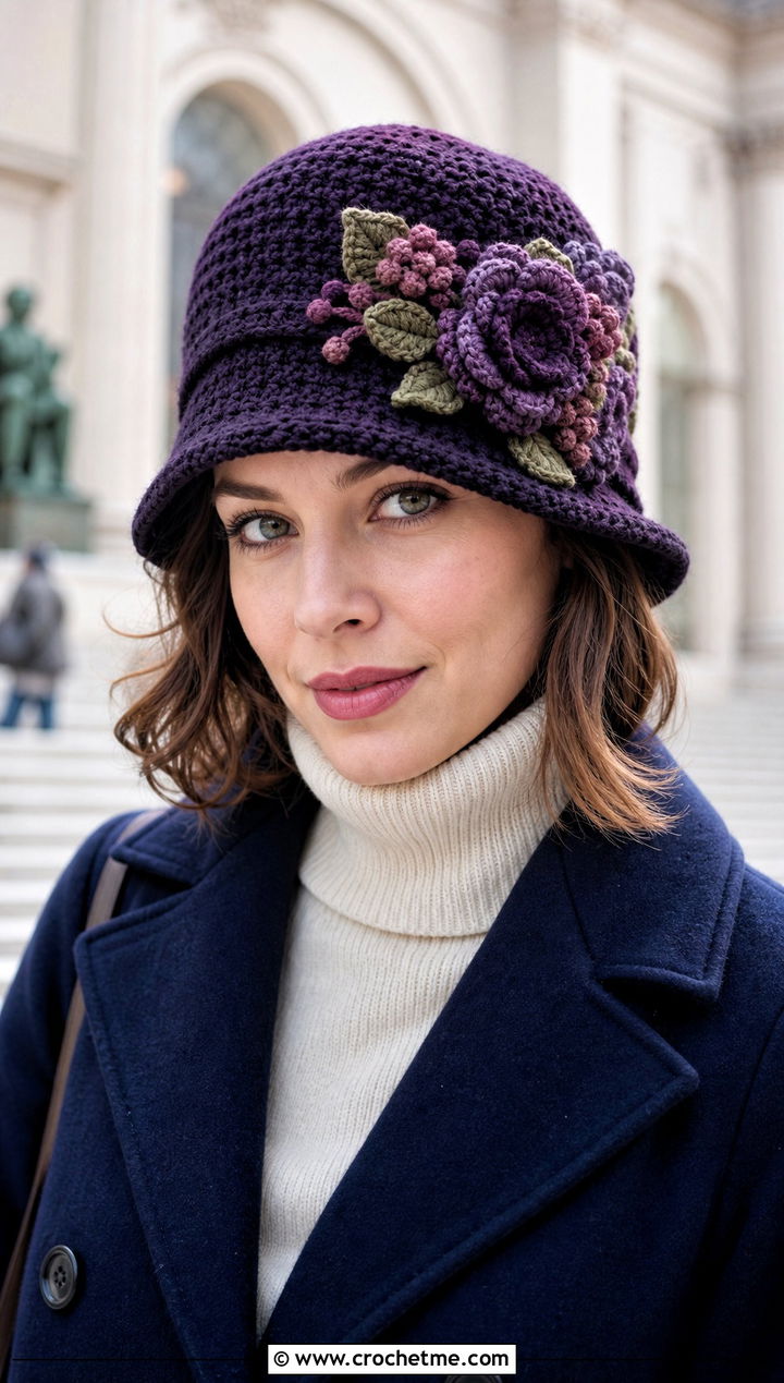 Flower Bouquet Crochet Cloche Hat With Peacoat - 30 crochet flower hat outfit ideas
