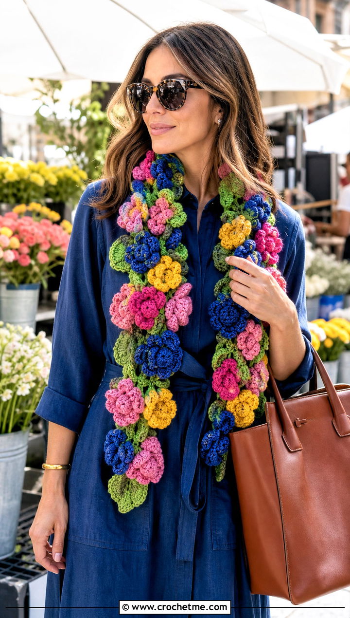 Flower Bouquet Crochet Roll Up Scarf With Shirt Dress - 25 Crochet Roll Up Scarf outfit ideas