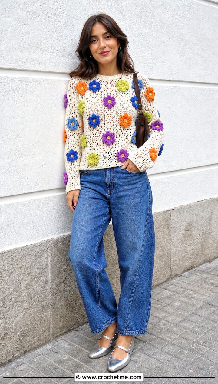 Flower Bouquet Crochet Sweater With Barrel Jeans - 30 crochet flower sweater outfit ideas