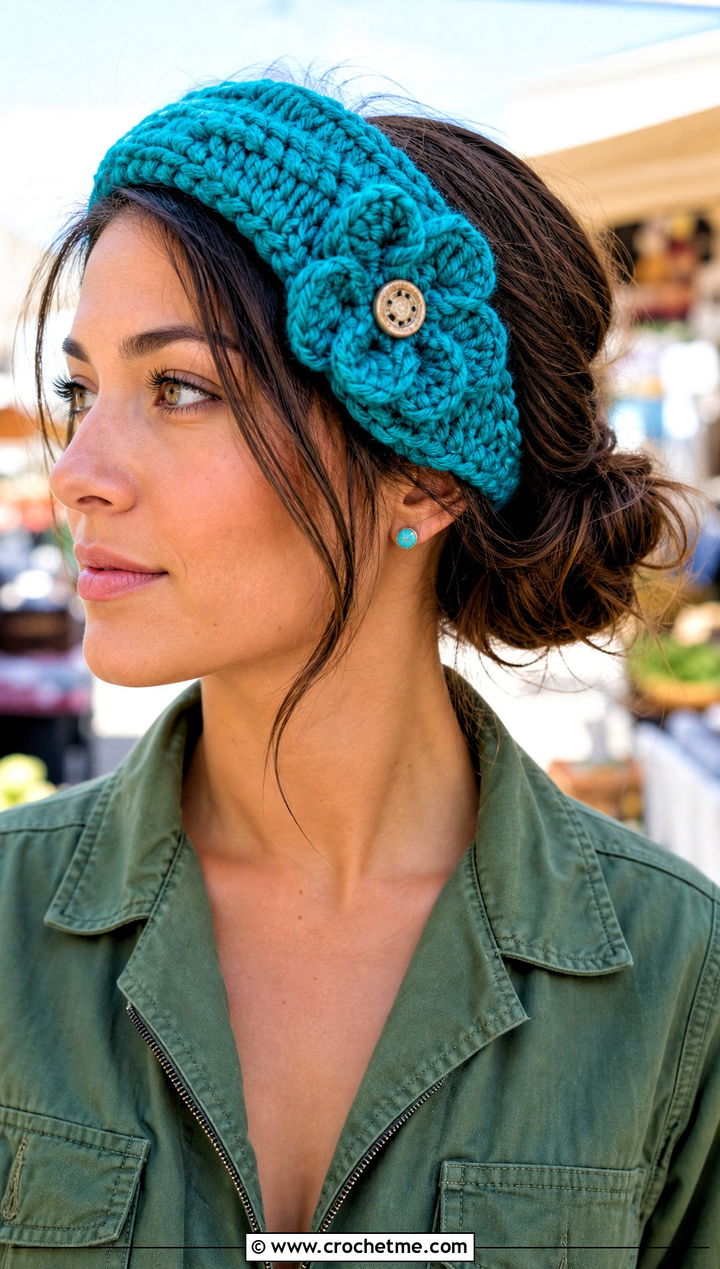 Flower Button Crochet Headband With Utility Jumpsuit - 15 Crochet Button Headband outfit ideas