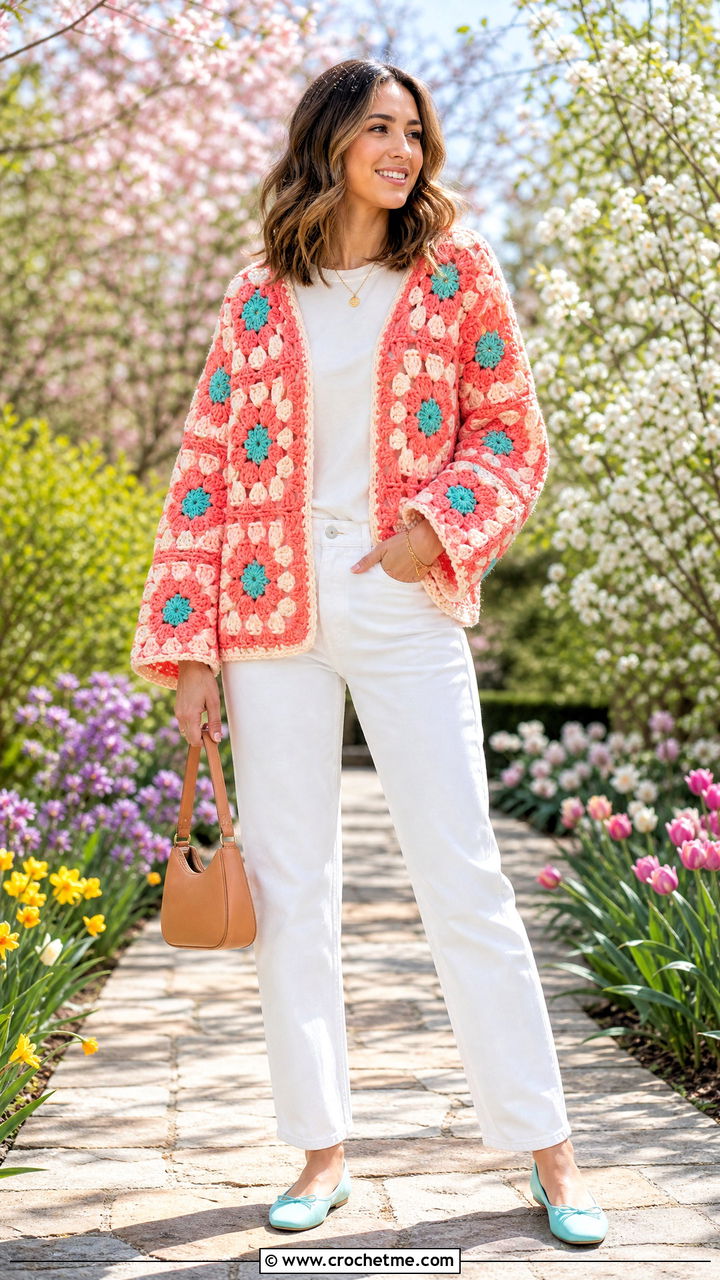 Flower Center Big Granny Square Cardigan With White Jeans - 35 Big Granny Square Cardigan outfit ideas
