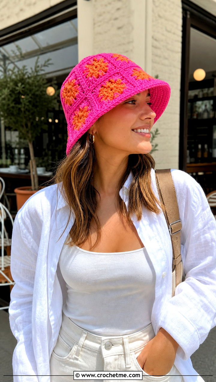 Flower Center Granny Hat With White Shirt - 30 crochet granny hat outfit ideas