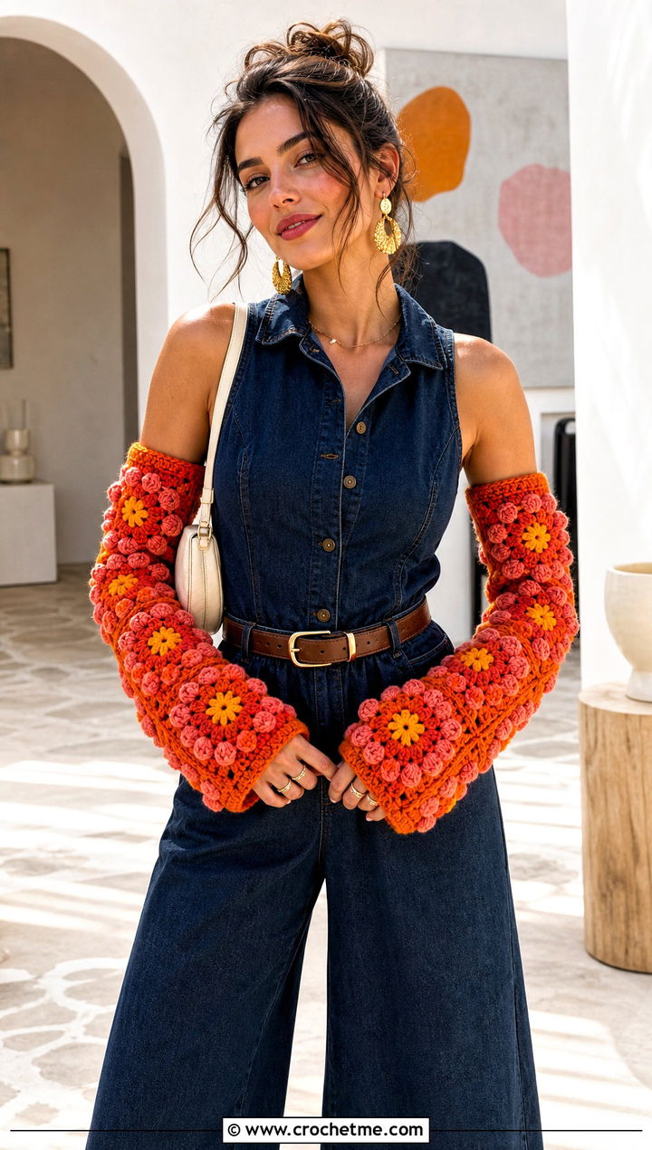 Flower Center Granny Square Arm Warmers With Jumpsuit And Platform Sandals - 25 Granny Square Arm Warmers outfit ideas