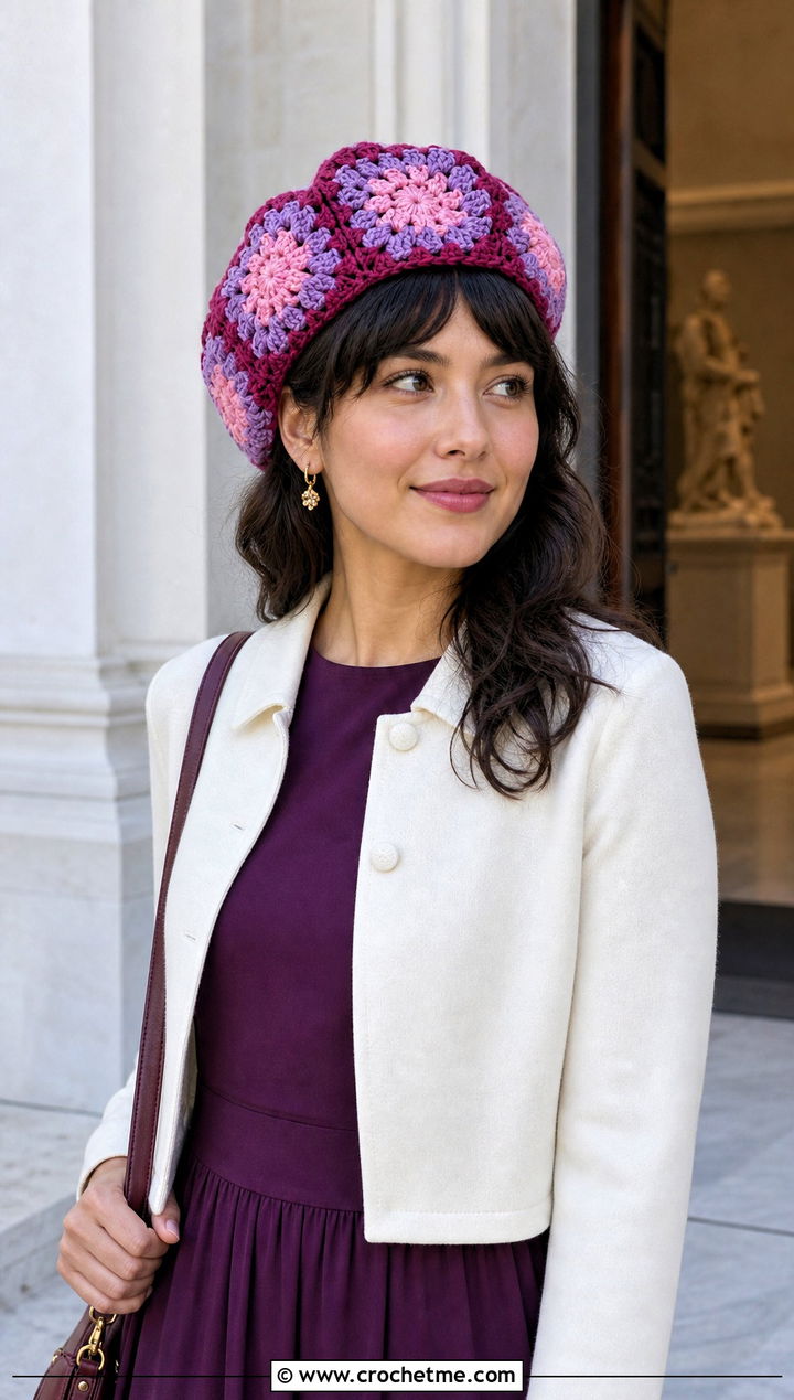Flower Center Granny Square Beret With Midi Dress - 25 Granny Square Beret outfit ideas